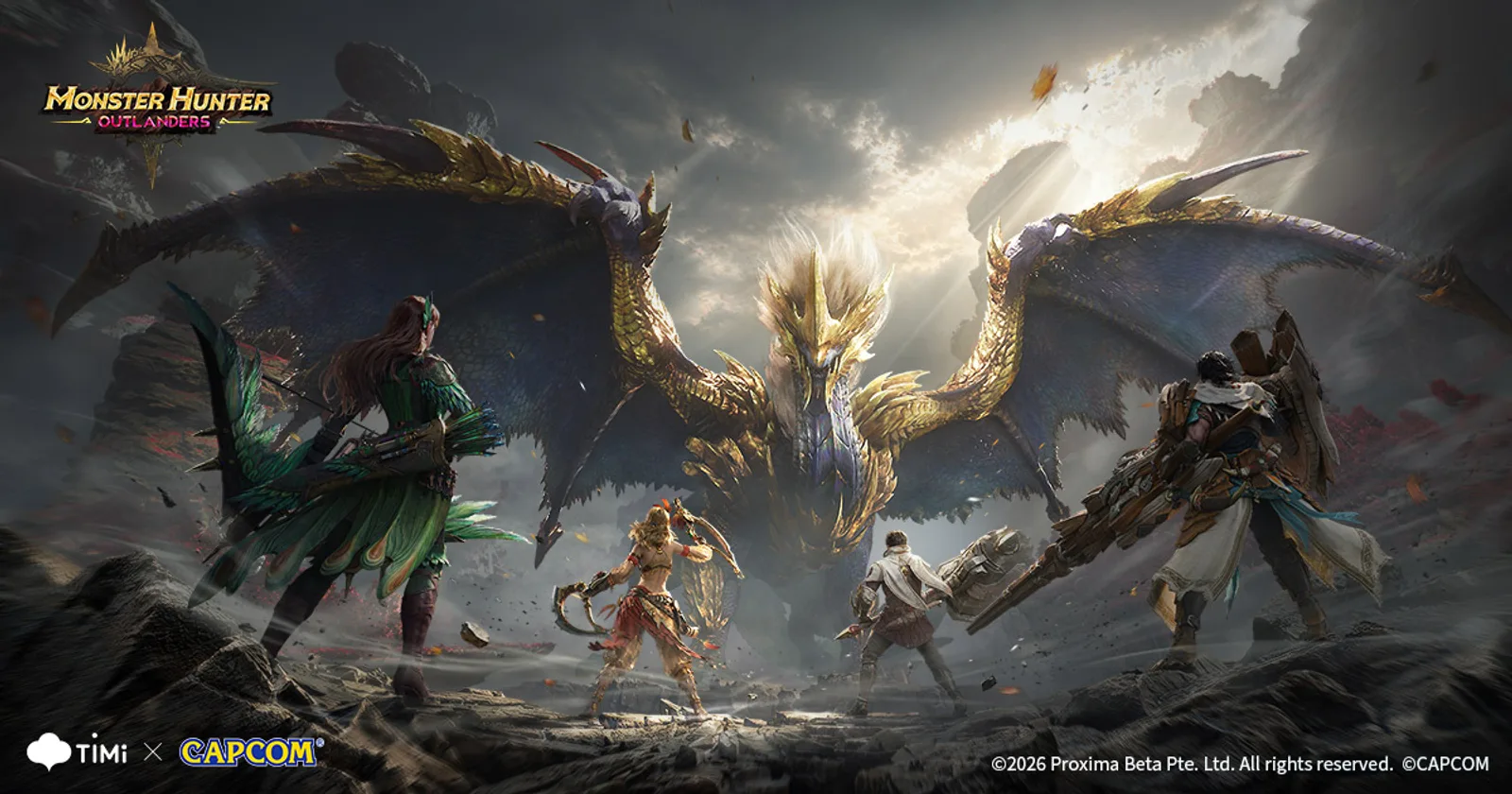 Monster Hunter Outlanders key art: Ruger Aidal over Aesoland with the Adventurers