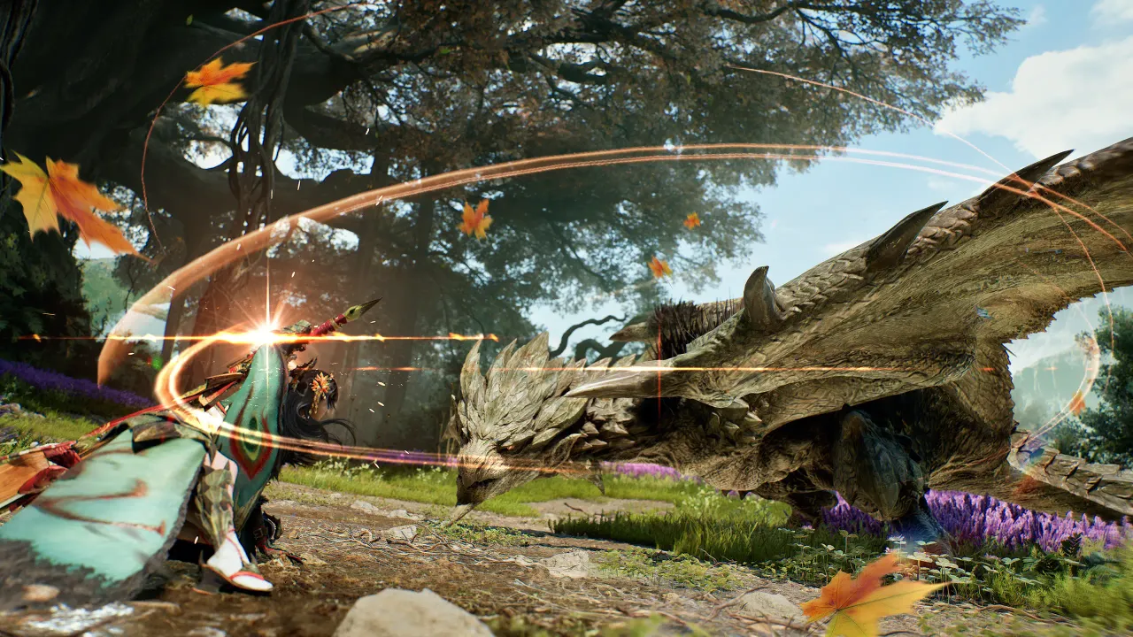 Midori in combat in Monster Hunter Outlanders