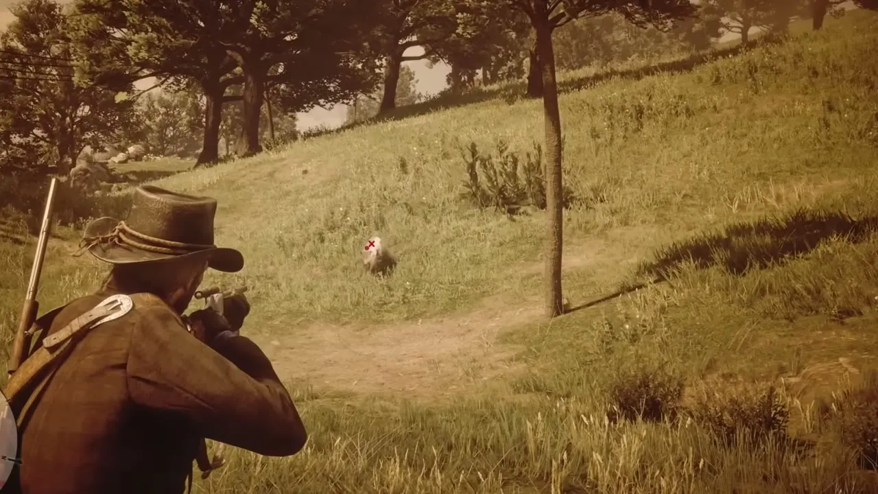 Arthur aiming at the Legendary Coyote from a distance in an open field